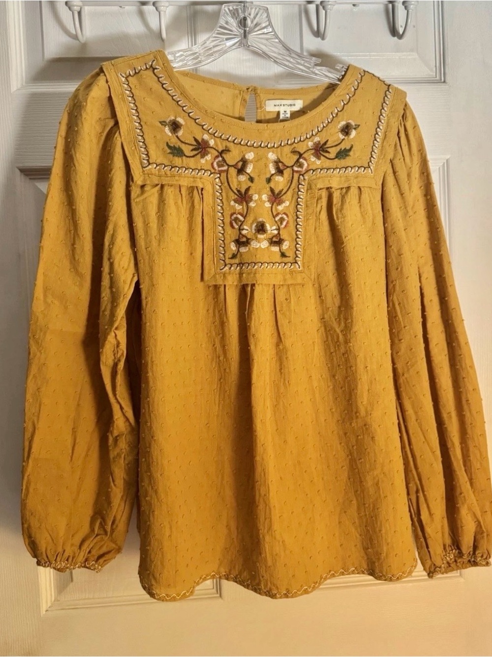 NWT Max Studio Mustard Long-Sleeve Embroidered 100% Cotton Boho Top size M